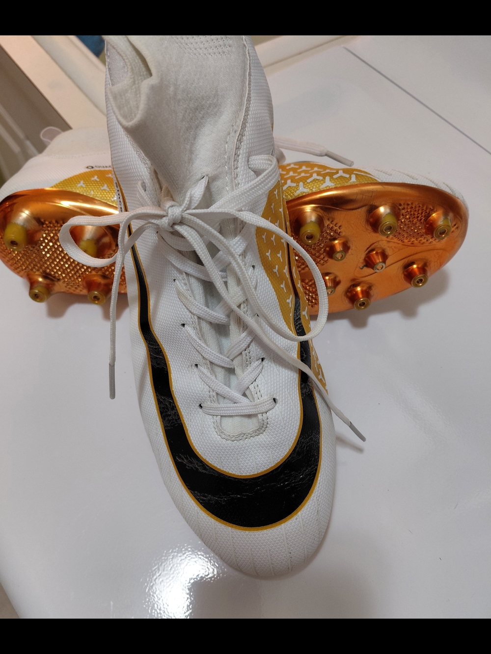 Professional White and Gold Soccer High-top Cleats with Black Accent Size 11